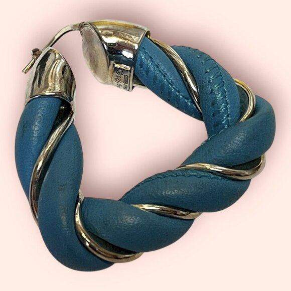 BOTTEGA VENETA Twist Blue Leather Huge Large Hoop *Single* Earring Designer - Picture 2 of 6